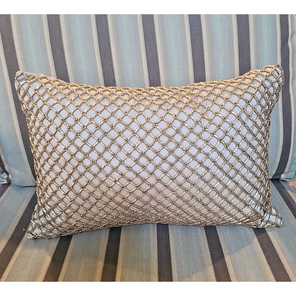 Pier 1 Gold Beaded Lattice Elegant Throw Decorative Pillow 18" x 11" Pier One